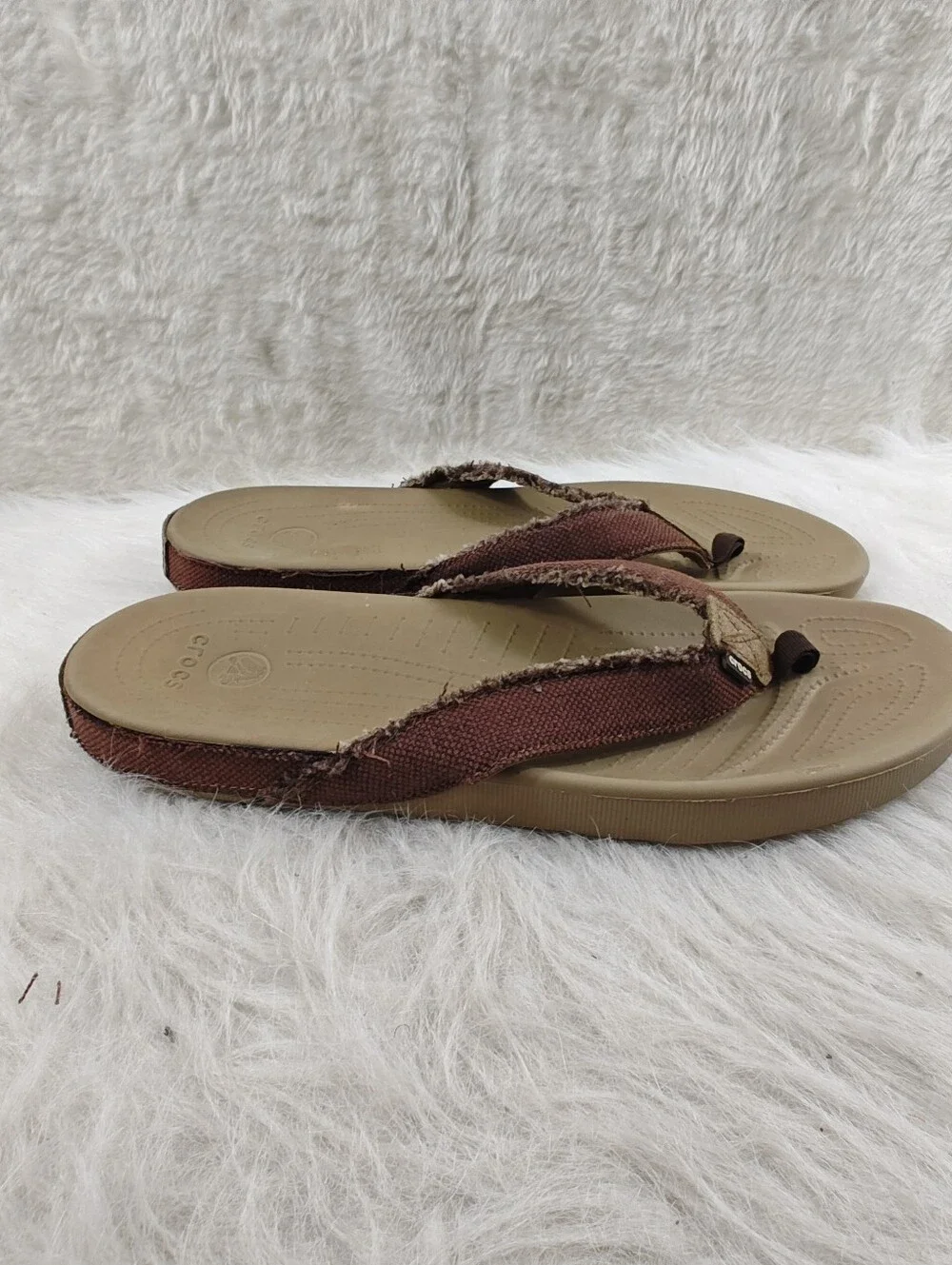 Crocs Dual Comfort Khaki Canvas Fabric Flip Flop Sandals Men's Size 12 Comfort